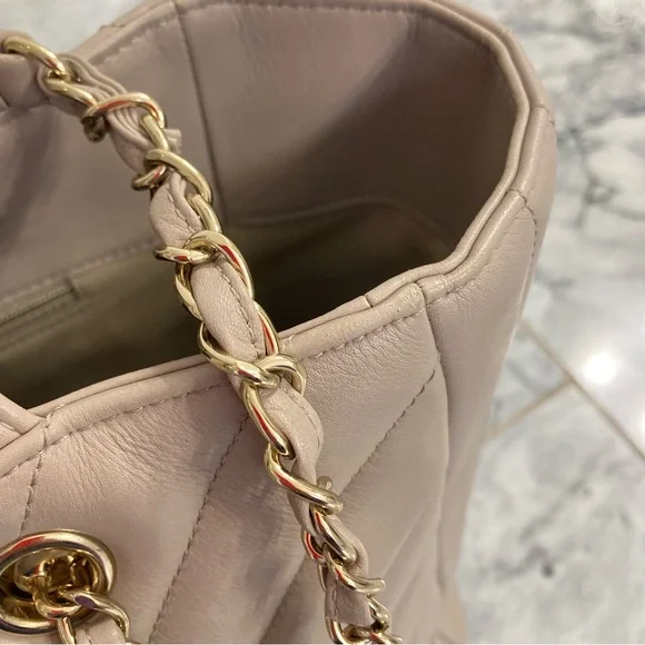 CHANEL Taupe CC Lambskin Chevron Quilted Leather Chain Statement Shopper Tote - Picture 10 of 15